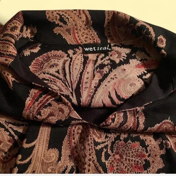VINTAGE WET SEAL Y2K 90s Paisley Top Long Sleeve V-Neck Collared Black Brown S - Picture 5 of 6